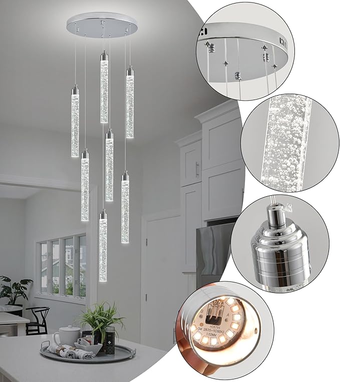 7-Lights High Ceiling Crystal Staircase Chandelier Chrome Pendant Lights Modern Spiral Raindrop Dimmable LED Bubble Cluster Ceiling Hanging Lighting Fixture for Foyer Living Room Remote Control