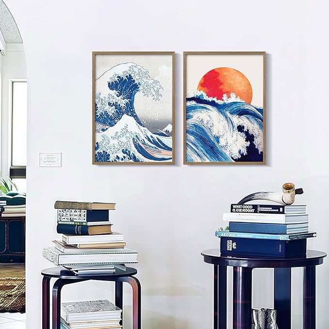 2Pcs Framed Canvas Wall Art Japanese Wave and Red Sun Poster Prints Hokusai Inspired Ocean Picture Traditional Ukiyo-e Gallery Decor Living Room Bedroom Office Apartment 12X16 Inch Ready to Hang