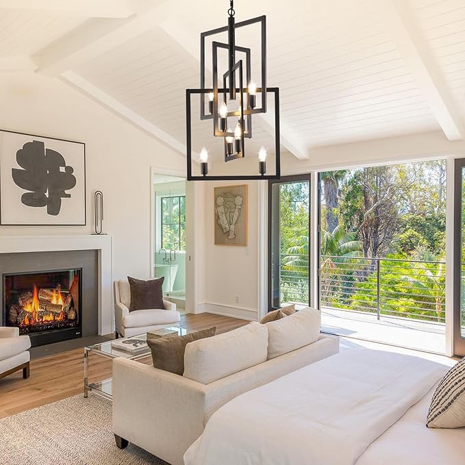 Black Farmhouse Chandelier, 8-Light Lantern Pendant Light Fixtures, Rustic Industrial Foyer Lighting Fixtures, Large Chandeliers for High Ceilings, for Kitchen Island, Hallway, Staircase, Entryway