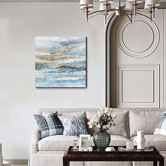 Abstract Canvas Wall Art Framed Light Blue Canvas Print Coastal Theme Artwork Modern Ocean Skyline and Sunset & Sunrise in the Seaside Large Sea Picture for Home Bedroom Decor 24x24inch