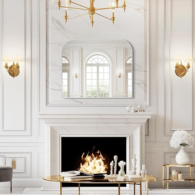 Modern Large Wall Mirror, Modern Mantel Minimalist Home Decor, Brushed Silver Metal Framed Arched Mirror for Living Room, Bedroom, Fireplace, Mantle, Entryway, Bathroom, 36" x 24", Silver