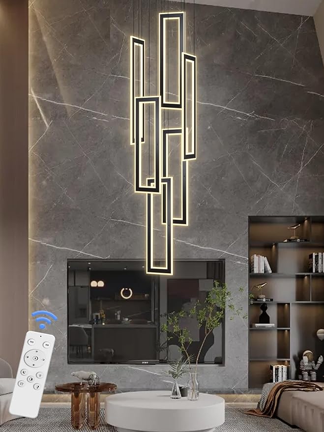 Modern Chandeliers, Black Chandelier with 6 Ring Led Foyer Chandeliers,Larger High Ceiling Chandelier for Living Room,Square Chandeliers for Entryway Staircase LED Dimming 2700k-6000k