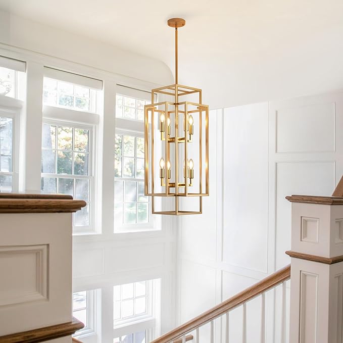8-Light Gold Chandelier, Modern Foyer Lighting Fixtures, 31.5" Farmhouse Lantern Pendant Light, Industrial Large Chandeliers for High Ceilings, for Living Room,Staircase,Hallway