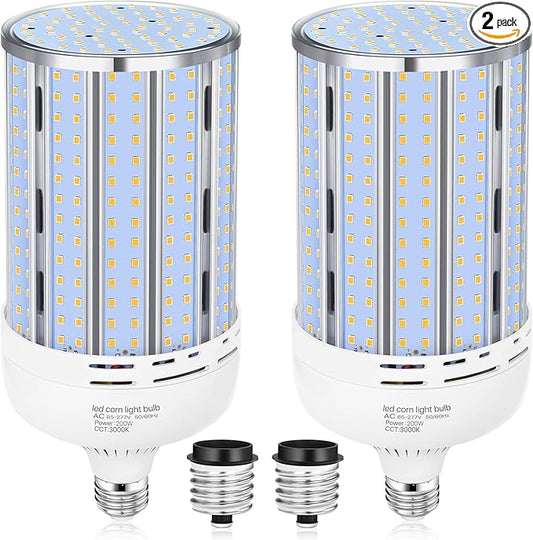 2 Pack 200W Corn LED Light Bulb Fanless,29,500LM 3000K/Warm White(2000 Watt Equivalent) E26/E39 Large Mogul Base LED Cob Lamp for Outdoor Indoor Garage Warehouse Factory Workshop Street Backyard