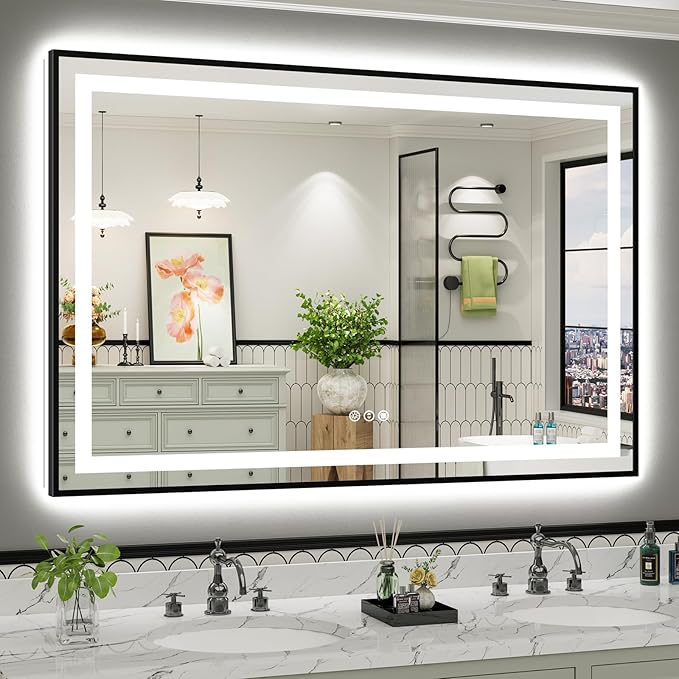 60x40 Inch LED Bathroom Mirror with Black Frame, Backlit & Front Lit, Anti-Fog Lighted Bathroom Vanity Mirror for Wall, Memory Function, Dimmable, HD Tempered Glass, Shatter-Proof