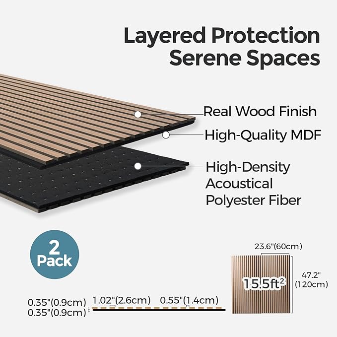 AKUMAX Sound Proof Foam Panels for Walls-Wood Wall Slat Acoustic Panels for Wall and Ceiling-96x24Inches 2 Soundproof Solar Panels,3D Wall Panels for Home Decor (Walnut)