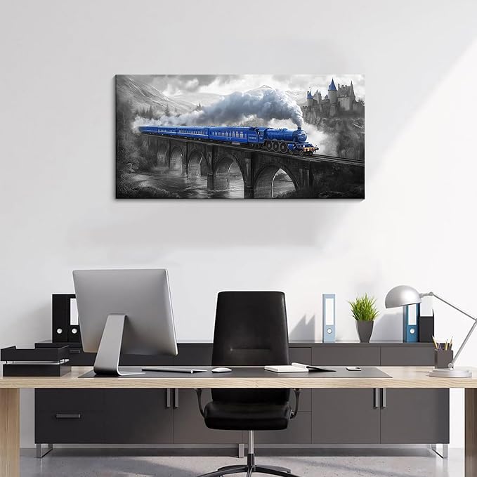 JEAWA Canvas Prints Wall Art - Blue Gray Canvas Painting, Train Artwork Print for Bedroom Bathroom Dining Room Home Office Decor, Great Bridge and Castle Picture, 20 x 40 In