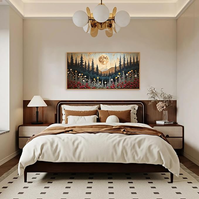 Ausril Vintage Moon Forest Framed Canvas Wall Art Set, Colorful Floral Mountain Painting, Nature Landscape Wall Decor, Wildflower Pine Tree, Modern Boho Art Print Living Room, Bedroom, Office 20"x40"