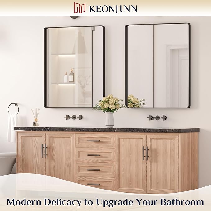 Keonjinn Black Framed Mirrors for Bathroom 30 x 36 Inch Rounded Rectangle Wall Mirror, Matte Black Farmhouse Bathroom Vanity Mirror with Seamless Metal Frame, HD Tempered Glass(Horizontal/Vertical)