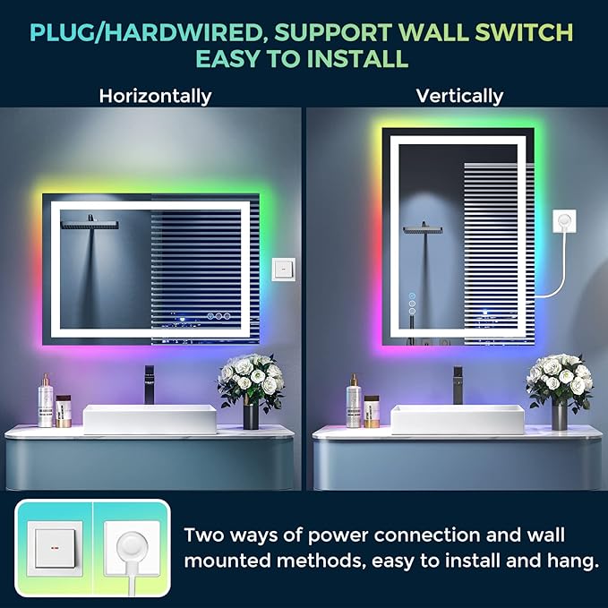 24x36 Inch RGB LED Bathroom Mirror Front Light and RGB Backlit Lighted Vanity Mirror for Bathroom Wall Mounted Dimmable Anti Fog Memory Shatter-Proof IP54 Waterproof Horizontal/Vertical