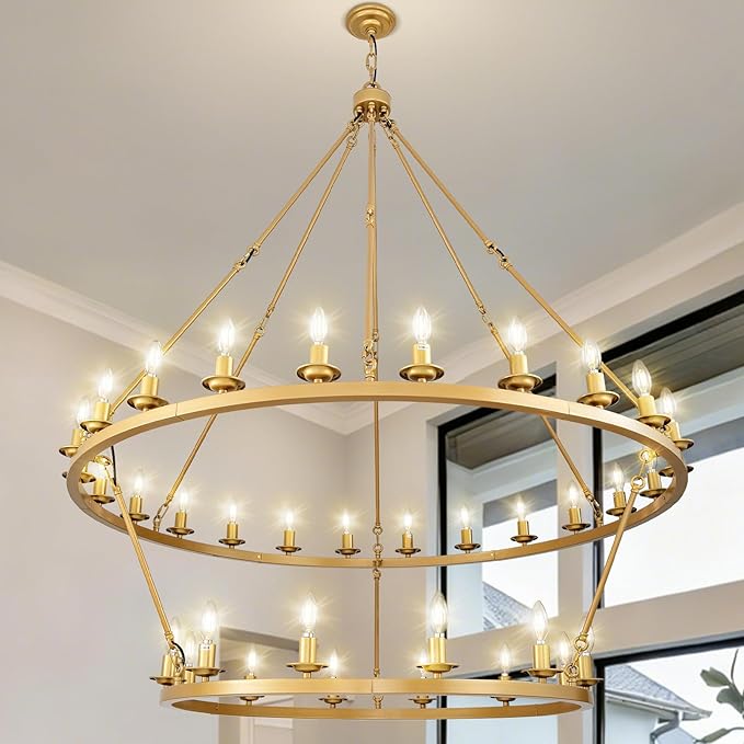 53" 2-Tier Wagon Wheel Chandelier, 36-Light Farmhouse Large Gold Chandelier Round Modern Rustic Industrial Adjustable Height for High Ceiling Living Room, Entryways, Foyer, Dining Room