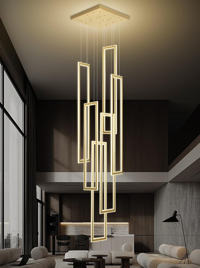 6-Rings Modern Chandelier,H138 Rectangle Chandeliers for Staircase,LED Dimmable High Ceiling Chandeliers Large Contemporary Chandelier for Villa Foyer Gold