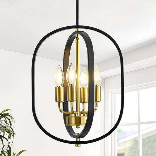 12.2'' Black and Gold Farmhouse Chandelier 4 Light Fixture for Dining Room, Kitchen Island & Entryway, Adjustable Industrial Rustic Geometric Hanging Chandelier for Living Room, Foyer, Hallway