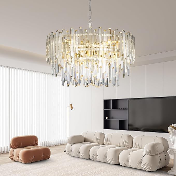 24" Modern Crystal Chandelier, 3-Tier Chrome Pendant Light with 8 Lights, Luxury K9 Crystal Ceiling Fixture for Dining Room Living Room Foyer