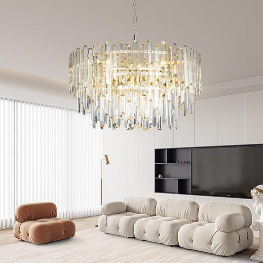 24" Modern Crystal Chandelier, 3-Tier Chrome Pendant Light with 8 Lights, Luxury K9 Crystal Ceiling Fixture for Dining Room Living Room Foyer