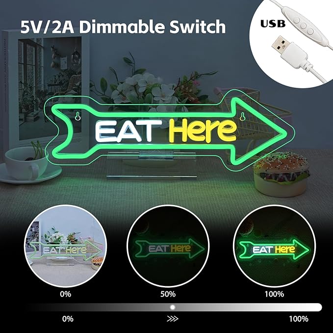 Looklight Arrow Neon Sign Eat Here Neon Lights for Wall Decor Green Led Lights for Home Kitchen Fast Food Restaurant Bar Party Cafe Coffee Diner Decor Food Truck Pizza Shop Decorations