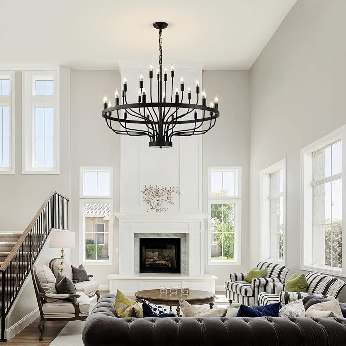 Black Chandelier 24 Light, Modern Farmhouse Chandelier for Dining Room, Round Industrial Candle Chandeliers Light, Wagon Wheel Chandelier 39in 3-Tier for Hallway, Living Room, Foyer, Island Lights