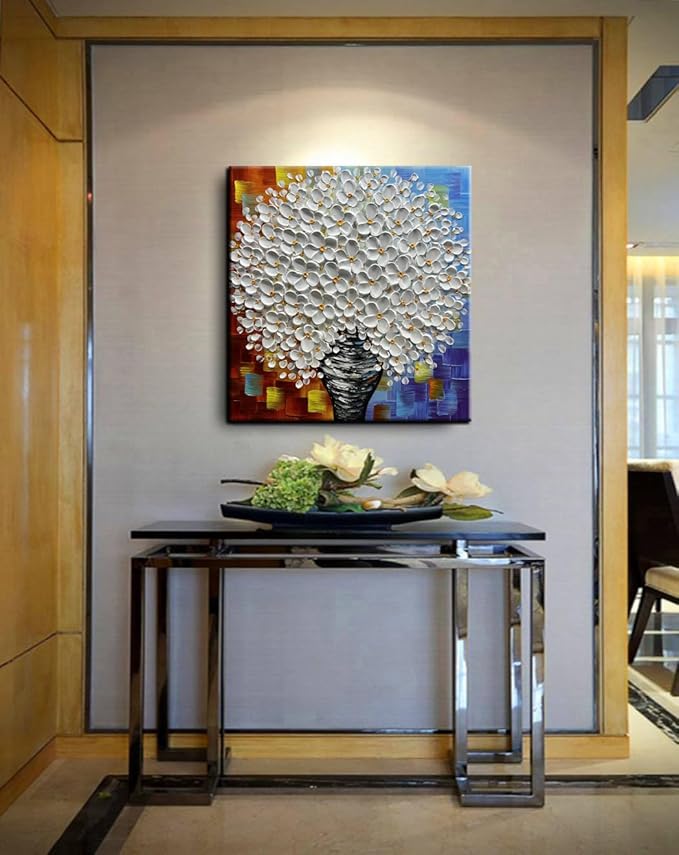 3D White Flower Bouquet Canvas Wall Art, Modern Textured Painting, Colorful Abstract Background, 30x30 inches