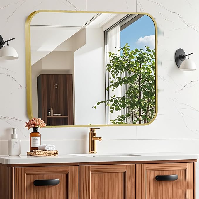 20x30 Inch Gold Mirror, Framed Rectangle Mirror with Rounded Corner, Brushed Brass Mirror, Gold Bathroom Mirror for Over Sink, Vanity, Living Room, Bedroom, Horizontal/Vertical