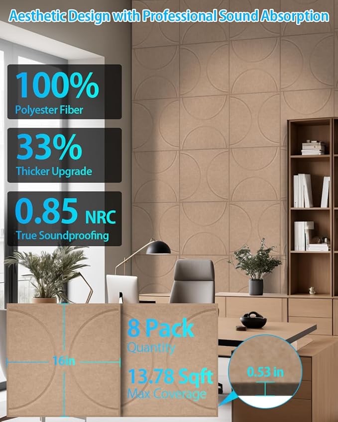 8 Pack Acoustic Wall Panels Self-Adhesive, 16" X 16" X 0.5" Decorative Acoustic Panels, Soundproof Wall Panels for Studio, Home & Living Room, Polyester - Cement Gray