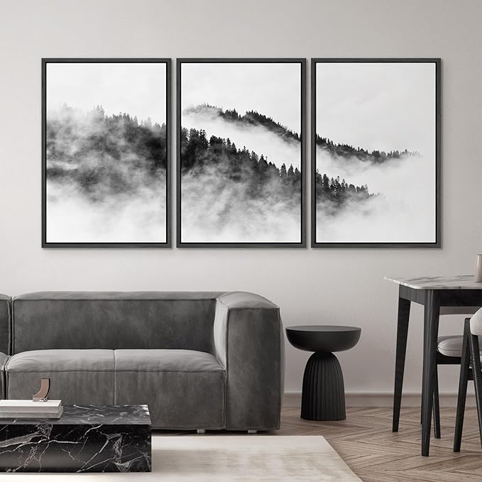 SIGNWIN Framed Canvas Print Wall Art Set Black & White Mountain Forest Valley Nature Wilderness Photography Modern Art Rustic Landscape Relax/Calm for Living Room, Bedroom, Office - 24"x36"x3 Black