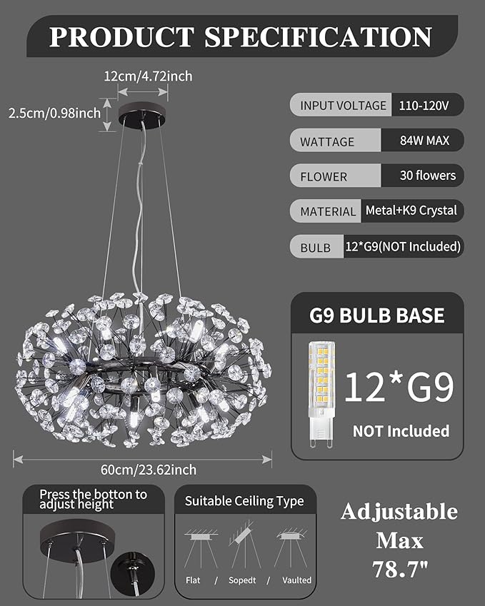 Modern Firework Chandelier, Farmhouse Black Crystal Round Dandelion Sputnik Chandeliers, 23.62" Contemporary 12-Light Pendant Hanging Lighting for Dining Room Kitchen Bedroom Living Room