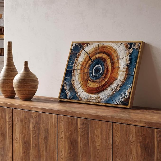 BingruiArt Framed Tree Ring Canvas Wall Art Abstract Wood Wall Decor Boho Modern Colorful Nature Painting Wood Stump Prints Pictures for Living Room Bedroom Bathroom Office 12"x16" Natural Framed(05)