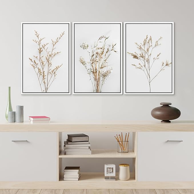 MUDECOR Framed Canvas Print Wall Art Wildflower Floral Botanical Prints Minimalist Wall Art Modern Farmhouse for Bedroom - 16"x24"x3 White