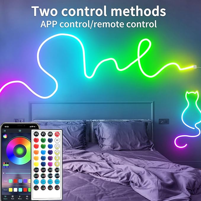 100ft LED Neon Lights 24V RGB LED Rope Lights with Remote Control APP Control IP65 Waterproof Flexible Neon LED Strip Lights for Bedroom Room Outdoors Decor (2 Rolls of 50ft)