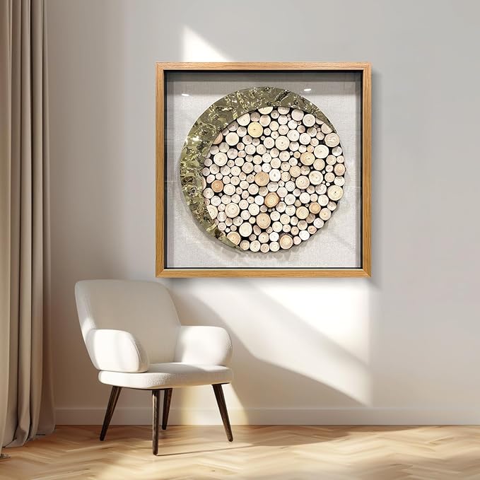 BrightA 3D Square Framed Nature Art - Gold Patina Metal Meets Circular Solid Wood Block Texture, Minimalist Contrast Wall Decor for Calming Spaces 59"x59"
