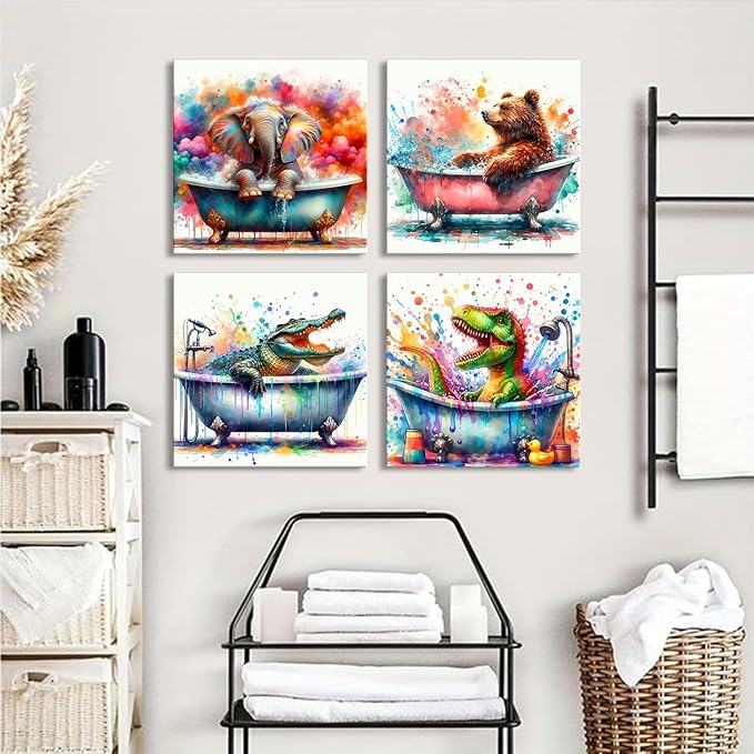 Kids Bathroom Wall Decor Cartoon Colorful Elephant Dinosaur Wall Art Funny Nursery Animals in Bathtub Picture Canvas Watercolor Bear Crocodile Artwork for Bedroom Bath Toilet Home Decoration 12x12" 4P