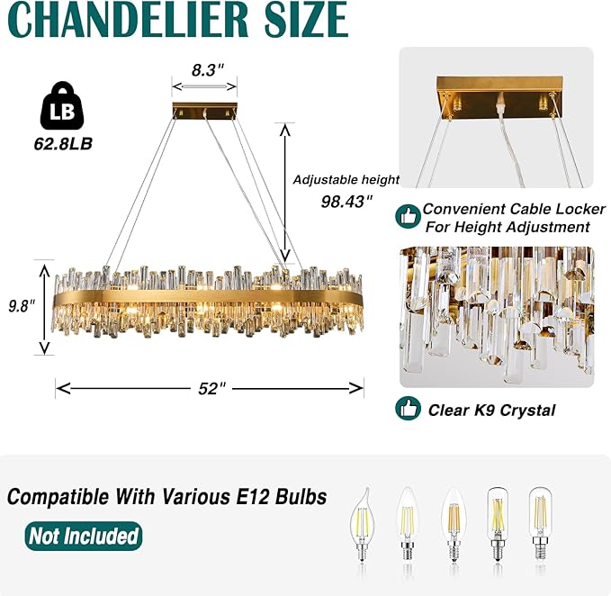 Modern Crystal Chandeliers, Luxury Gold Rectangle Light Fixture, 2-Tier Rectangular Brass Raindrop Chandelier for Dining Room, Oval Pendant Ceiling Light for Kitchen Island, L52''