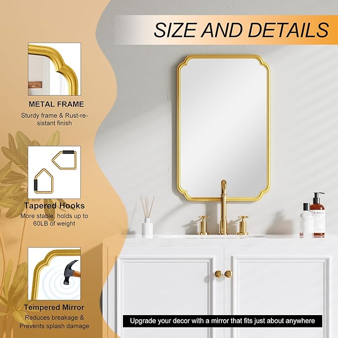 22x34 Inch Gold Bathroom Mirror, Metal Framed Wall Mirror with Rounded Edges, Rustproof Horizontal Vertical Hanging for Vanity Over Sink