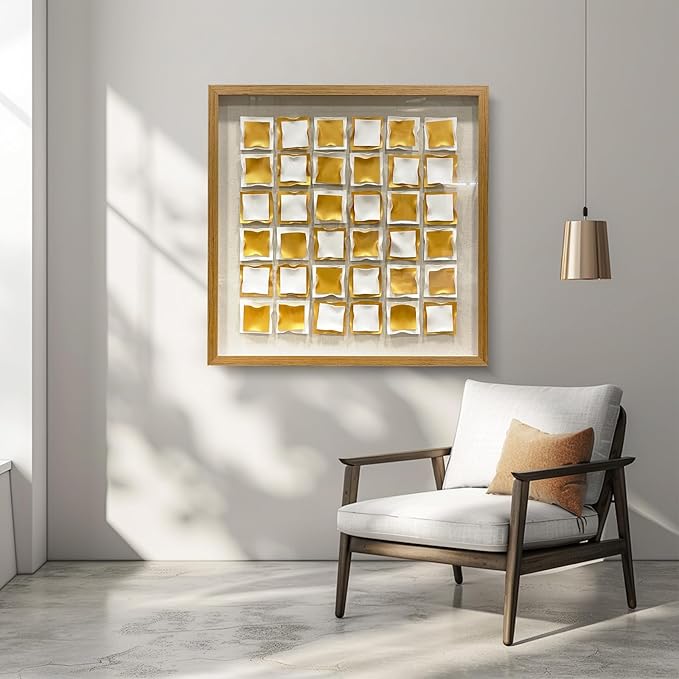 BrightA Gold and White Geometric Wall Sculpture Reflective 3D Textured Panels Brushed Metal Texture with Wave Modern Framed Abstract Art for Bedroom Office Decor 31.5"x31.5"