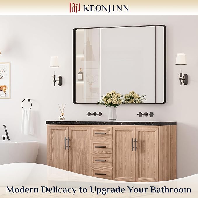 Keonjinn Black Bathroom Mirror for Over Sink, 48” x 36” Large Matte Black Mirrors for Wall, Rounded Rectangle Farmhouse Vanity Mirror, HD Tempered Glass Modern Decorative Mirror(Horizontal/Vertical)