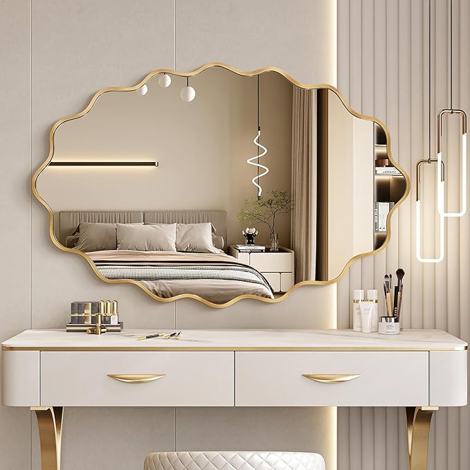 Oval Wavy Mirror - Irregular Wall Mirror 24"x36" Gold Asymmetrical Aviation Aluminum Alloy Frame for Bathroom, Bedroom, Living Room, Cloakroom, Entryway