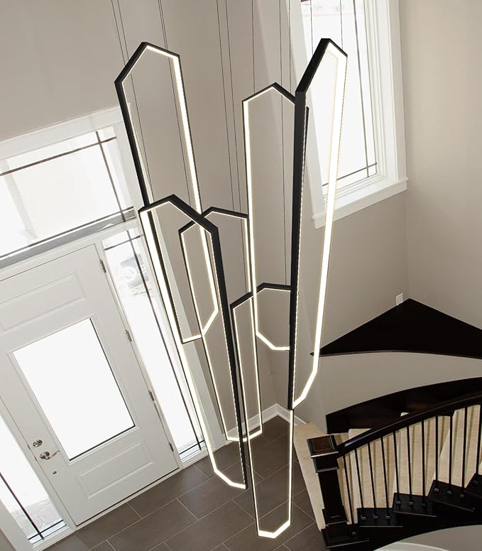 6 Rings Large Chandelier for Staircase Modern High Ceiling Chandelier LED Dimmable Chandeliers for Foyer Living Room Villa Black