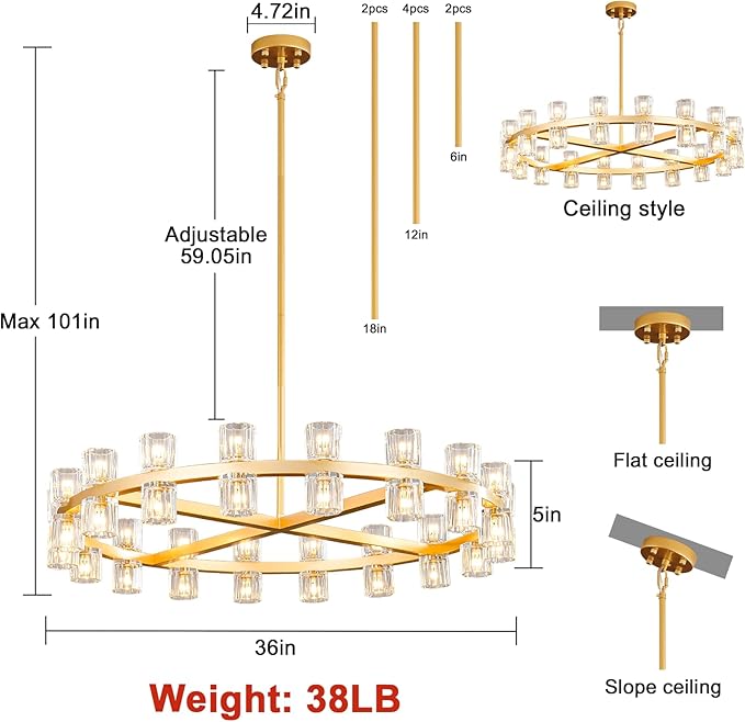 Modern 36" Gold Round Chandelier Light Fixture, K9 Crystal Chandeliers for Dining Room, Living Room, Dining Room Chandeliers Over Table, Chandelier for Bedroom, Foyer, Includes 36XG4 Bulbs