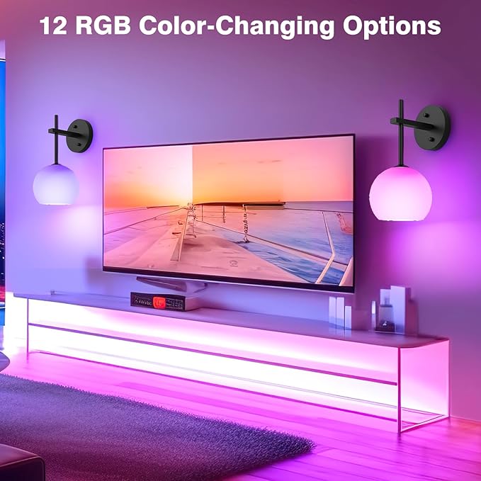 MOITA Wall Sconces Set of Two, Wireless Battery Operated Wall Decor with Remote, Sconces Wall Lighting with Glass Shade, Upward and Downward Installation, 12 RGB Colors and 3 CCT Options