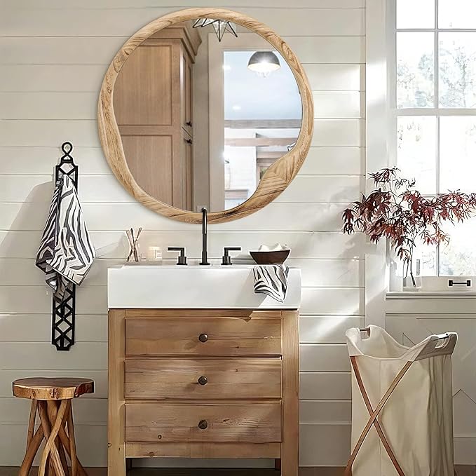 AOAOPQ Bedroom Unique Vanity Mirror Shaped Dressing Mirror 28" Beige Round Drum Wood Mirror for for Wall Entryway Living Room Frame for Home Decor