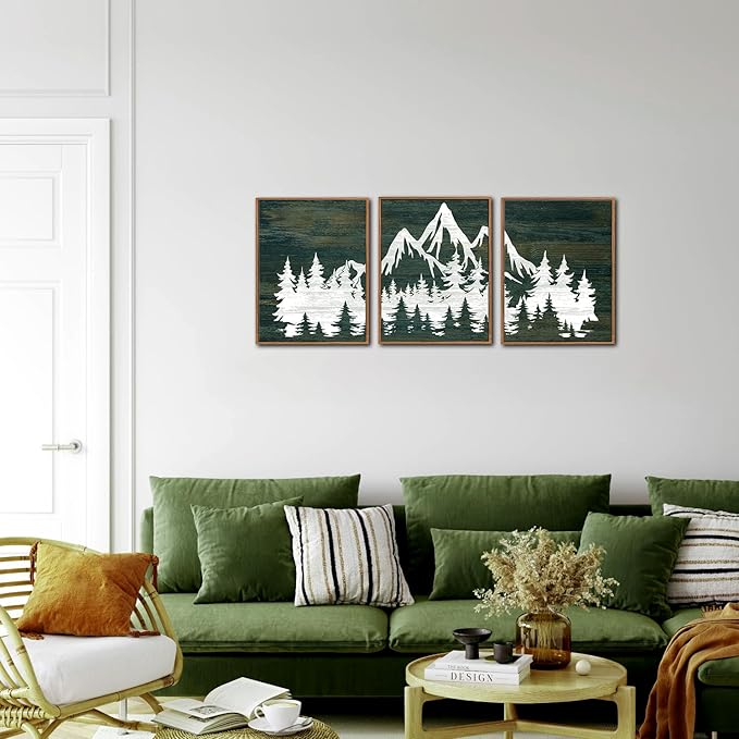 LHIUEM Framed Mountain Tree Canvas Wall Art Set of 3(12”X16”)Modern Greenery Forest Prints Abstract Country Mountain Rainier Wood Wall Picture Horizontal Long Wood Zen Artwork for Living Room Bedroom