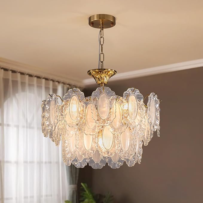 7PM Modern Gold Glass Chandelier, Antique Crystal Chandeliers 3-Layer 6 Light Round Pendant Chandelier for Dining Room Kitchen Island Living Room Bedroom 59" Height Adjustable, 20inch