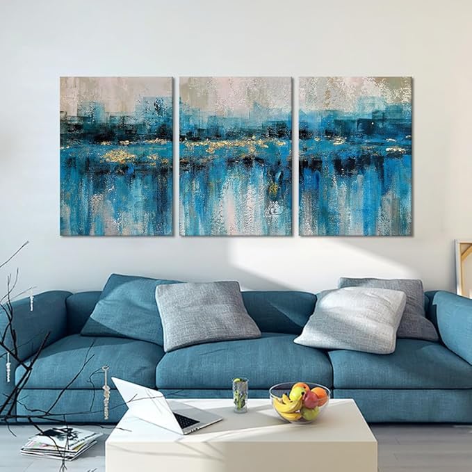 MAMAGO Abstract Wall Art Blue Gold City Landscape Canvas Print Picture for Modern Home Office Wall Artwork Framed Easy to Hang-20”W x 28”Hx3pcs