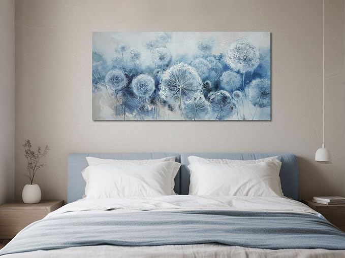 Arjun Wall Ar for Living Room, Dandelion Painting Flower Indigo Floral Canvas Art Wall Decor, Blue and White Textured Bedroom Artwork Framed for Home Office 48"x24"
