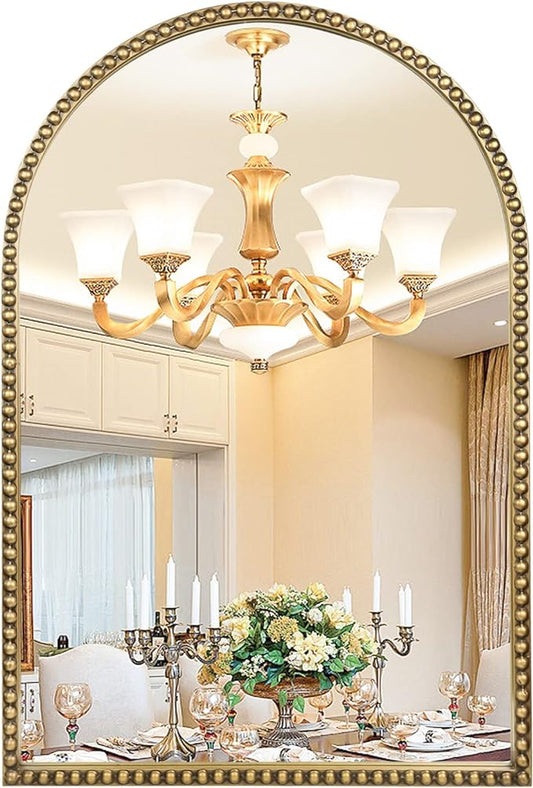 Arched Wall Mirror for Bathroom - 24"x36" Metal Beaded Frame Decorative Accent Mirror, Large Modern Rustic Distressed Hanging Wall Decor for Washroom, Bedroom, Living Room, Entryway, Antique Gold