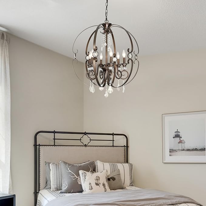 Oil-Rubbed Bronze Crystal Chandeliers for Dining Room Light Fixture, 6-Light 26 Inch Sphere Vintage Chandelier for Kitchen Island, Living Room, Foyer, Staircase, Entry, Villa