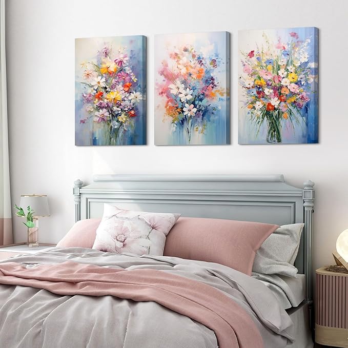 Colorful Flower Canvas Wall Art Daisy Poppy Wall Decor for Bedroom Living Room Abstract Floral Bouquet Pictures Prints Nature Wildflower Posters Modern Artwork Bathroom Home Decorations 24x36” 3 Piece