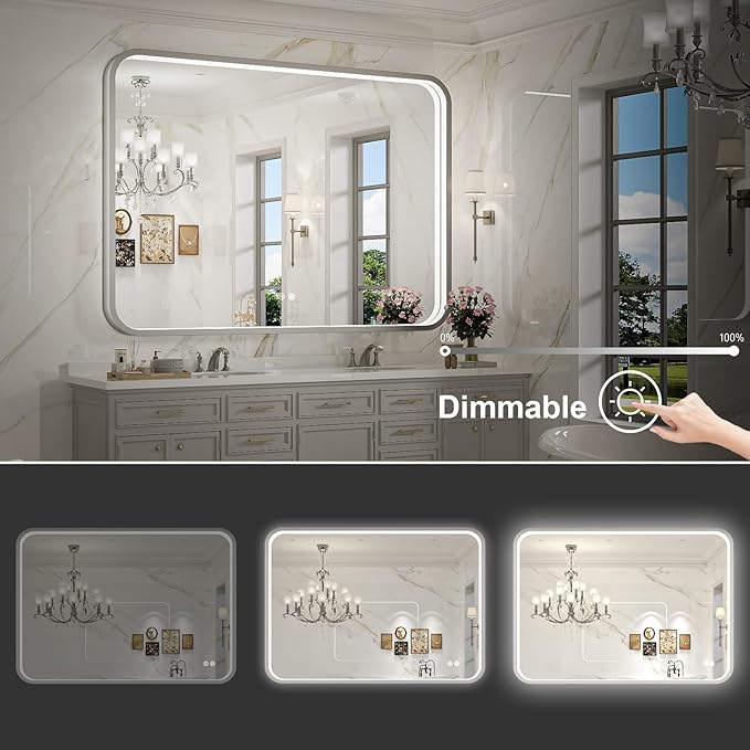 40x30 Inch LED Mirror for Bathroom,Brushed Sliver Metal Frame Lighted Vanity Mirror,Anti Fog Stepless Dimmable,Light Up Wall Mounted Mirror(Horizontal/Vertical)