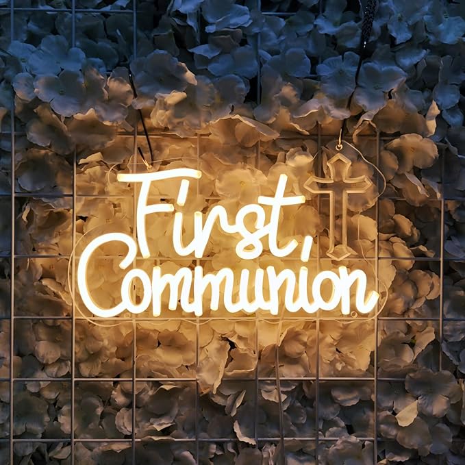 Neon Sign - First Communion Decorations, 16.3" x 10.7" Rectangular Multicolor Religious Wall Mount Neon Sign with Mounting Hardware (Hanging Chains)