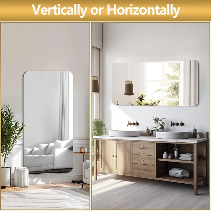 Mirrorons 60 x 28 Frameless Bathroom Mirror, Rounded Corner Bathroom Vanity Mirror, Modern Wall Mounted Vanity Mirror for Living Room, Bedroom, Bathroom, Entryway (Horizontal/Vertical)